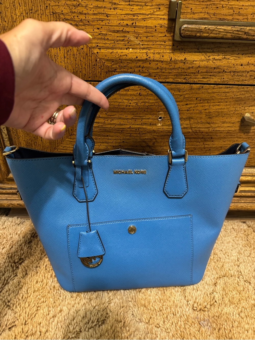 Michael Kors Greenwich Blue Saffiano Leather Large Satchel  with Gold Hardware